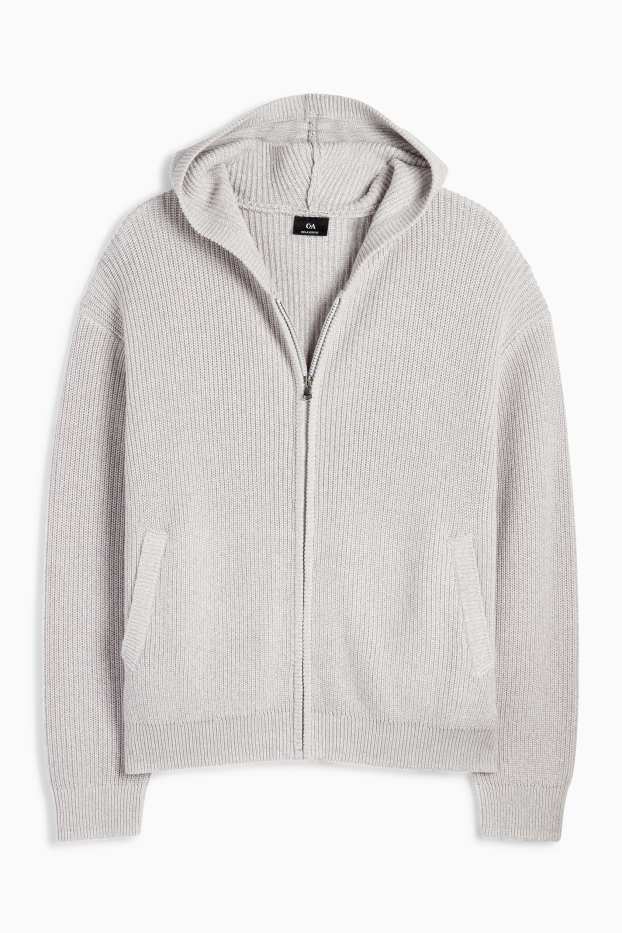 Men - Cardigan with hood - ribbed - light gray