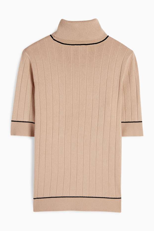 Donna - Maglione con collo a dolcevita - a maniche corte - a coste - beige