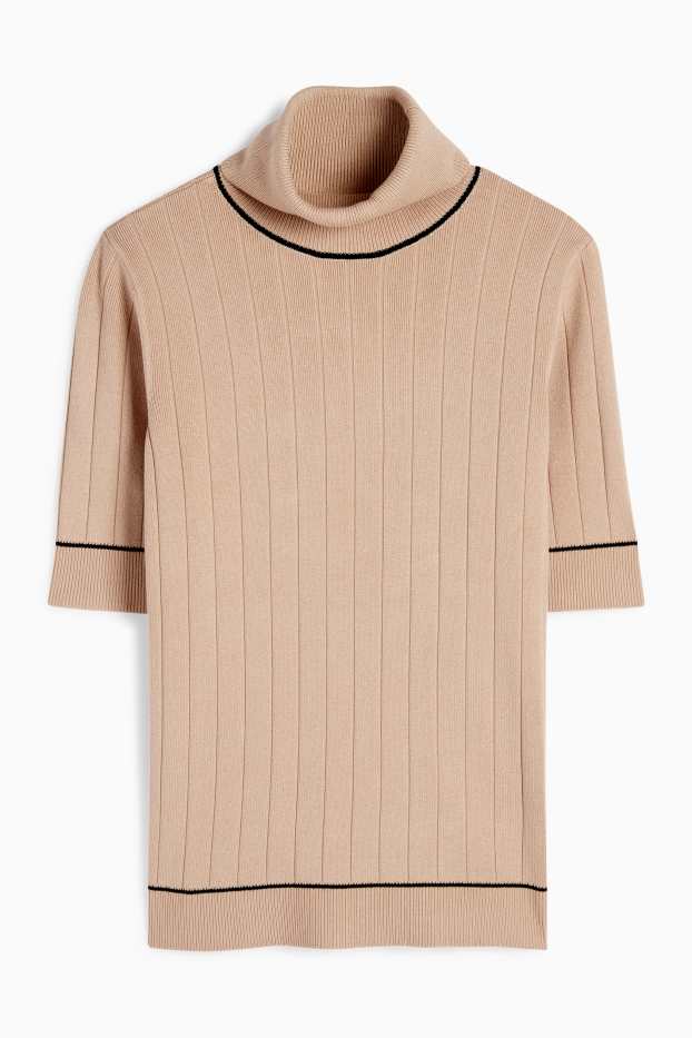 Donna - Maglione con collo a dolcevita - a maniche corte - a coste - beige