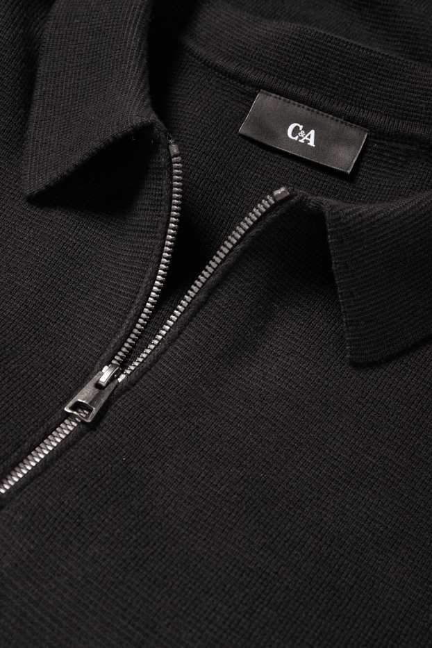 Herren - Langarm-Poloshirt - gestrickt - schwarz
