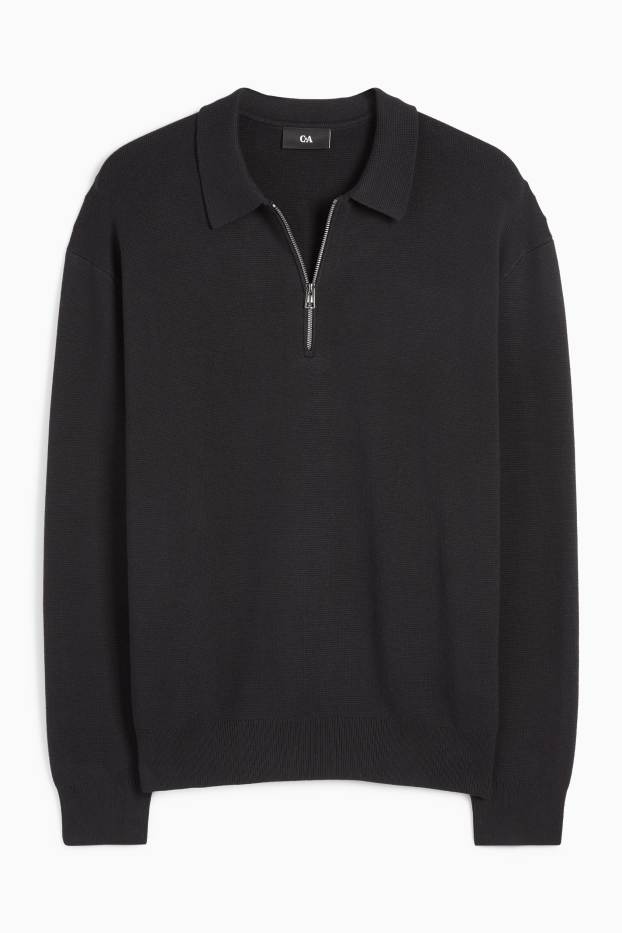 Herren - Langarm-Poloshirt - gestrickt - schwarz