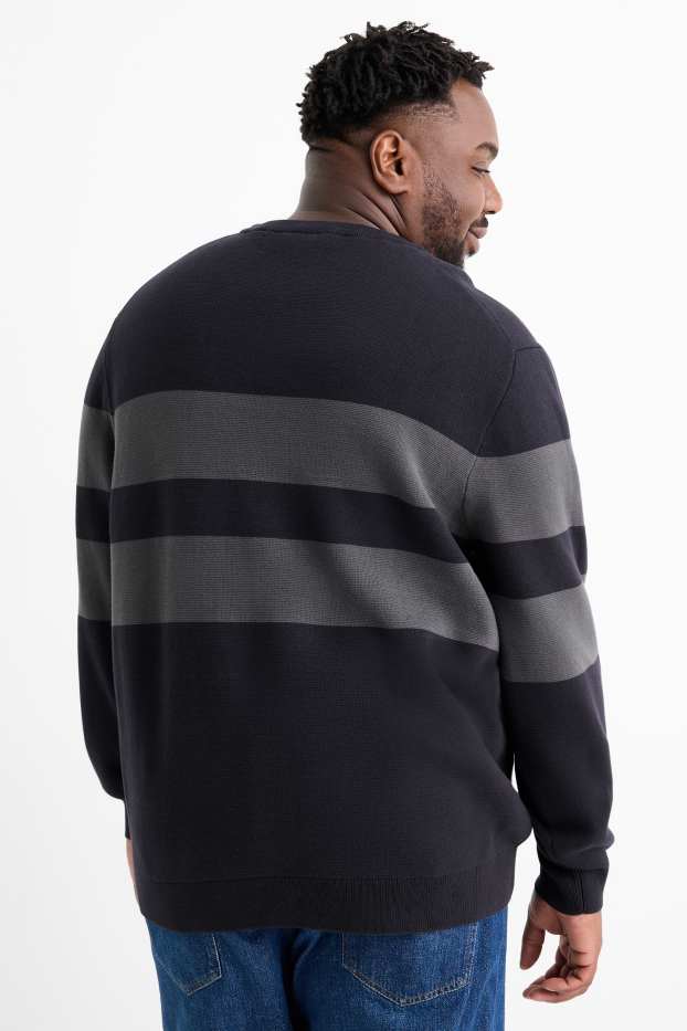 Men - Jumper - striped - textured - dark blue