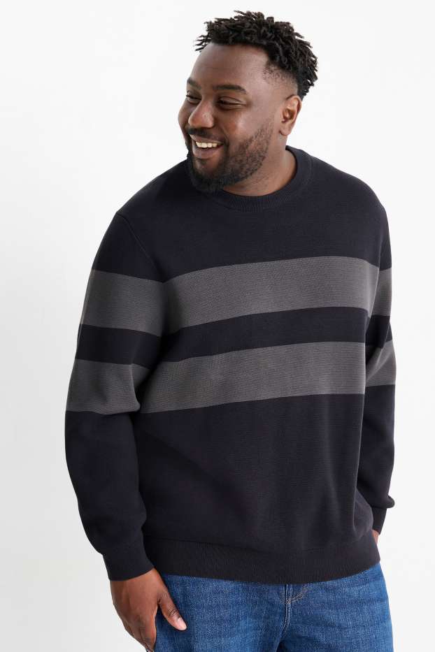 Men - Jumper - striped - textured - dark blue