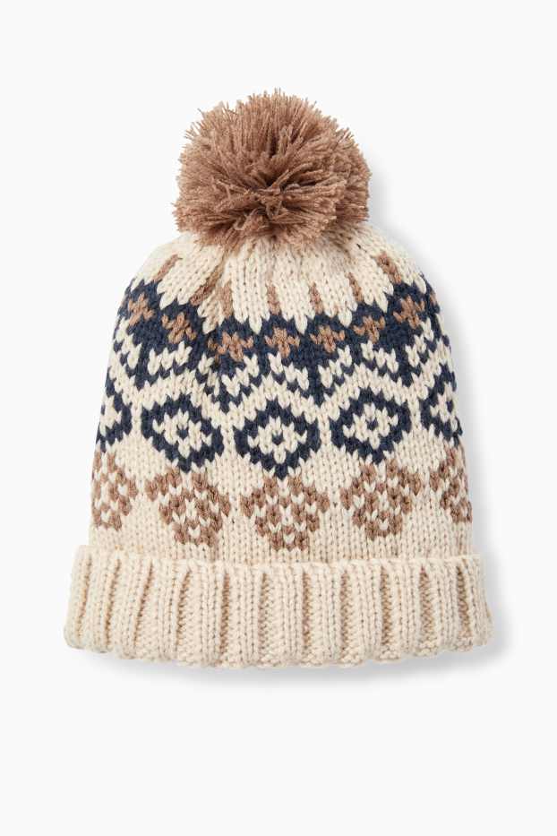 Baby: jongens - Babymuts met pompon - met patroon - beige