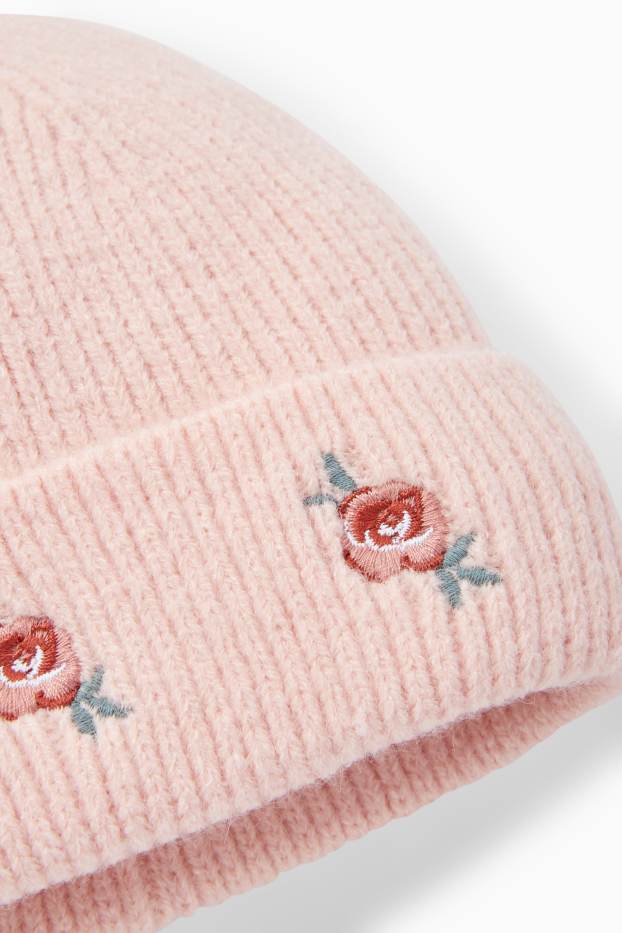 Baby Girls - Rose - knitted baby hat - ribbed - rose