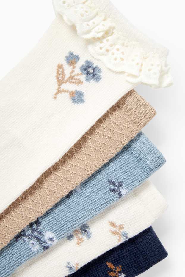 Baby: meisjes - Set van 5 paar - bloemetjes - babysokken met motief - blauw / beige