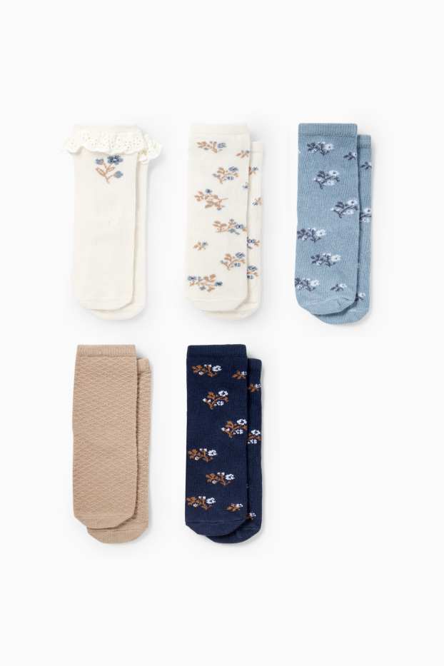 Baby: meisjes - Set van 5 paar - bloemetjes - babysokken met motief - blauw / beige