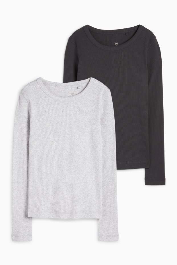 Dona - Paquet de 2 - samarreta de mànigues llargues - slim fit - acanalada - gris clar / gris fosc