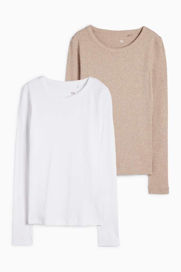 Kobiety - Wielopak, 2 szt. - koszulka z długim rękawem - slim fit - w prążki - biały / beżowy