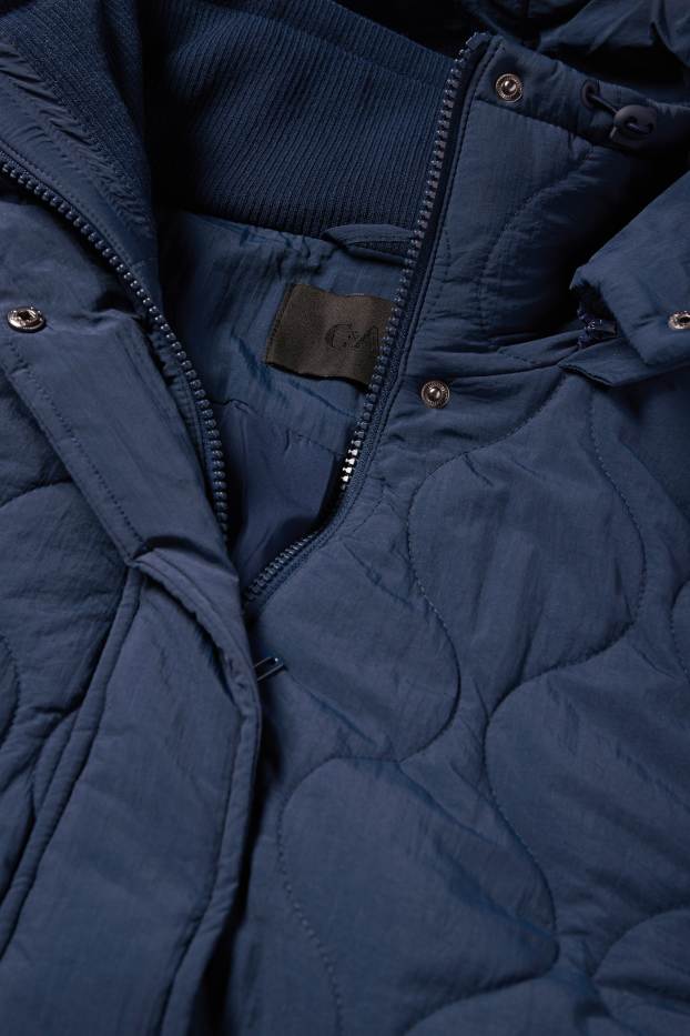 Dames - Gewatteerde mantel met capuchon - donkerblauw