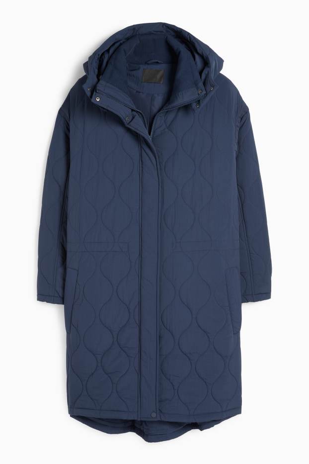 Dames - Gewatteerde mantel met capuchon - donkerblauw