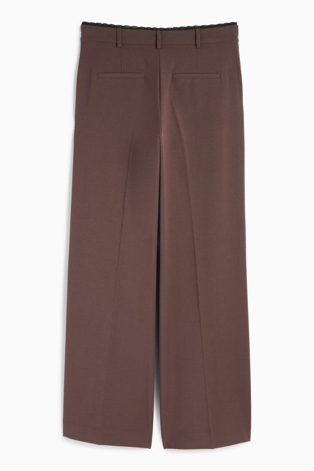 Dámské - Plátěné kalhoty - mid waist - wide leg - tmavohnědá