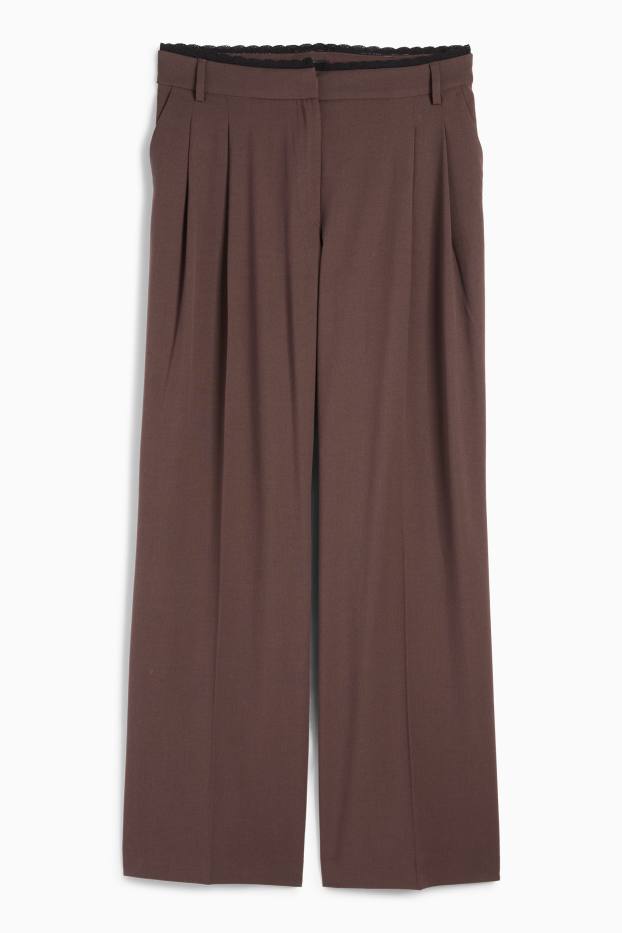 Dámské - Plátěné kalhoty - mid waist - wide leg - tmavohnědá