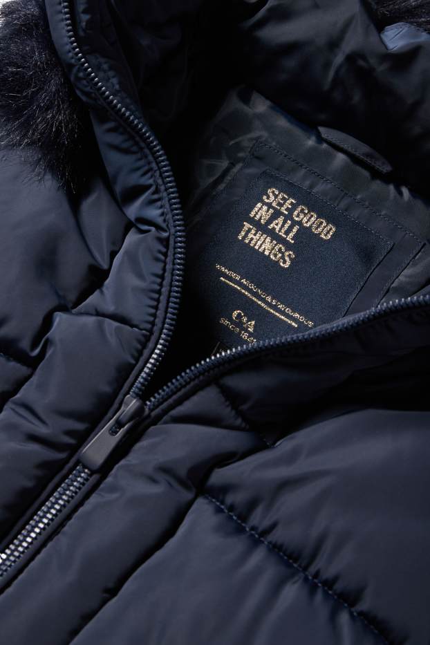 Children Girls - Quilted jacket with hood and faux fur trim - dark blue