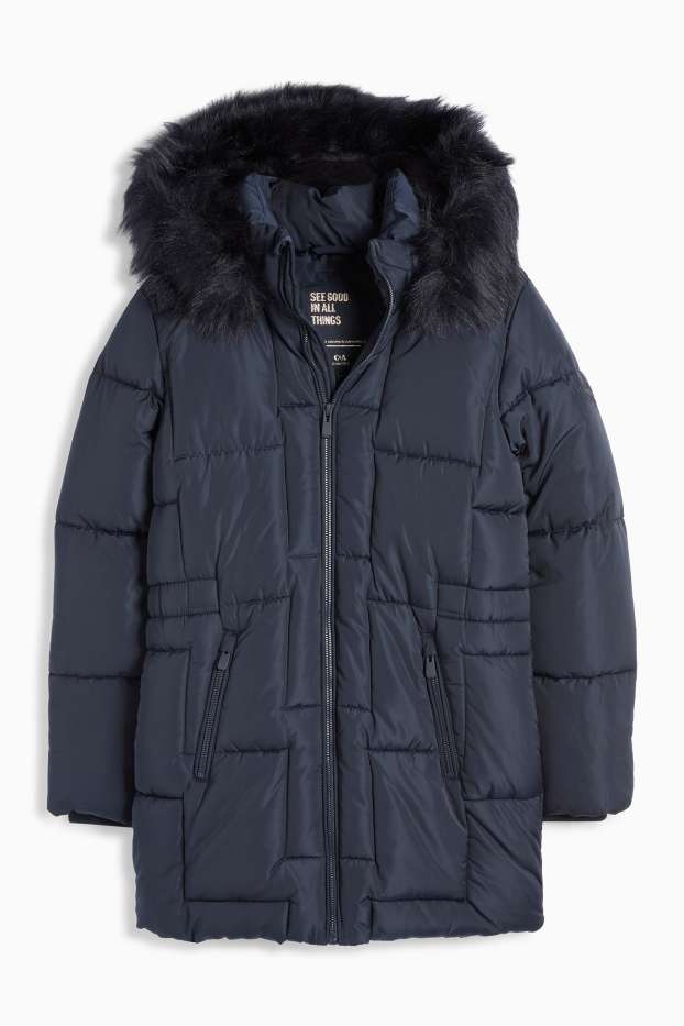 Children Girls - Quilted jacket with hood and faux fur trim - dark blue