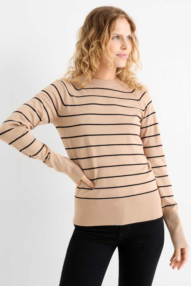 Donna - Maglione in filato lavorato a maglia fine - a righe - nero / beige