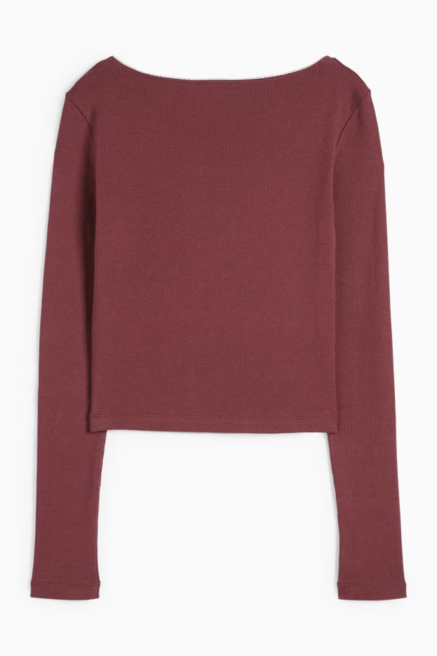 Women - Cropped long sleeve top - ribbed - bordeaux