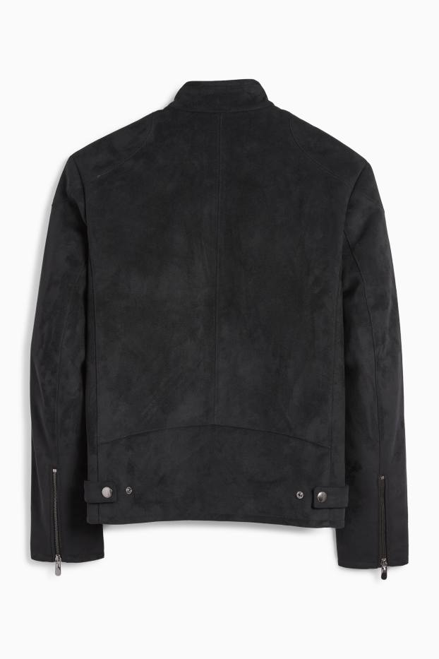 Uomo - Giacca stile motociclista - similpelle scamosciata - nero