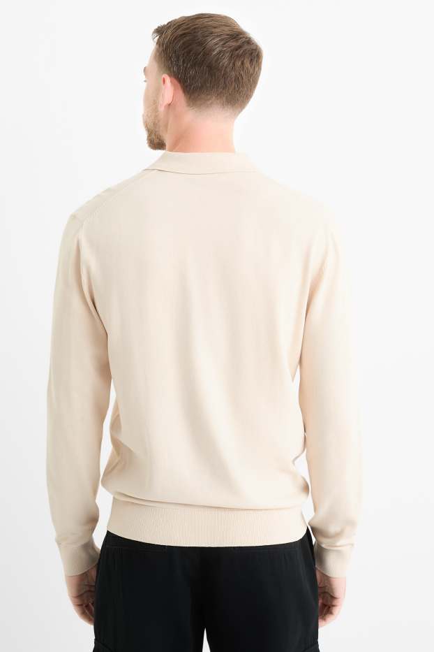 Herren - Langarm-Poloshirt - gestrickt - hellbeige