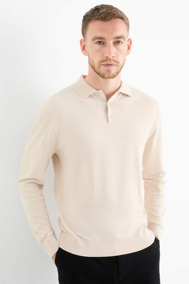 Herren - Langarm-Poloshirt - gestrickt - hellbeige