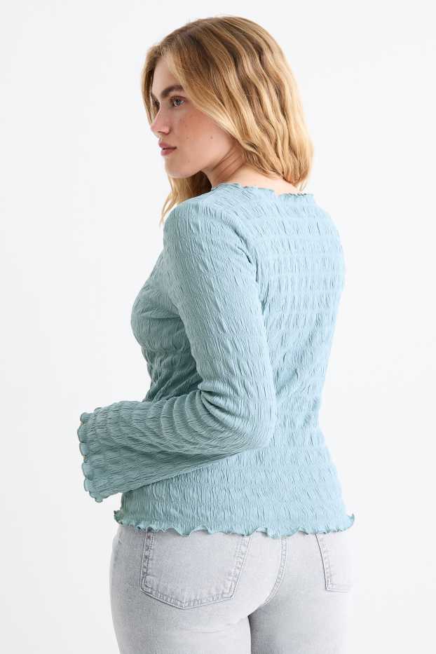 Dames - Longsleeve - gesmokt - turquoise