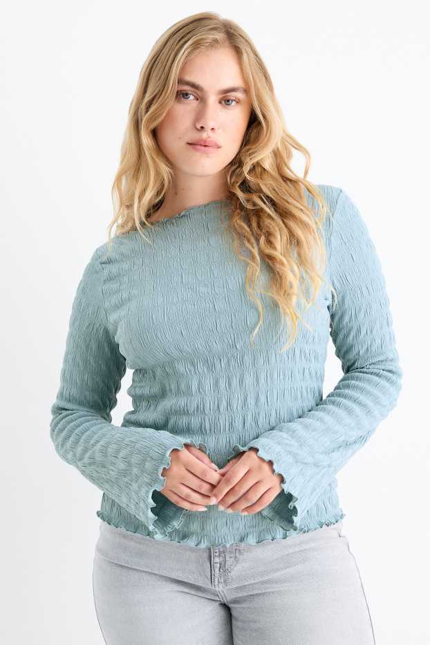 Dames - Longsleeve - gesmokt - turquoise
