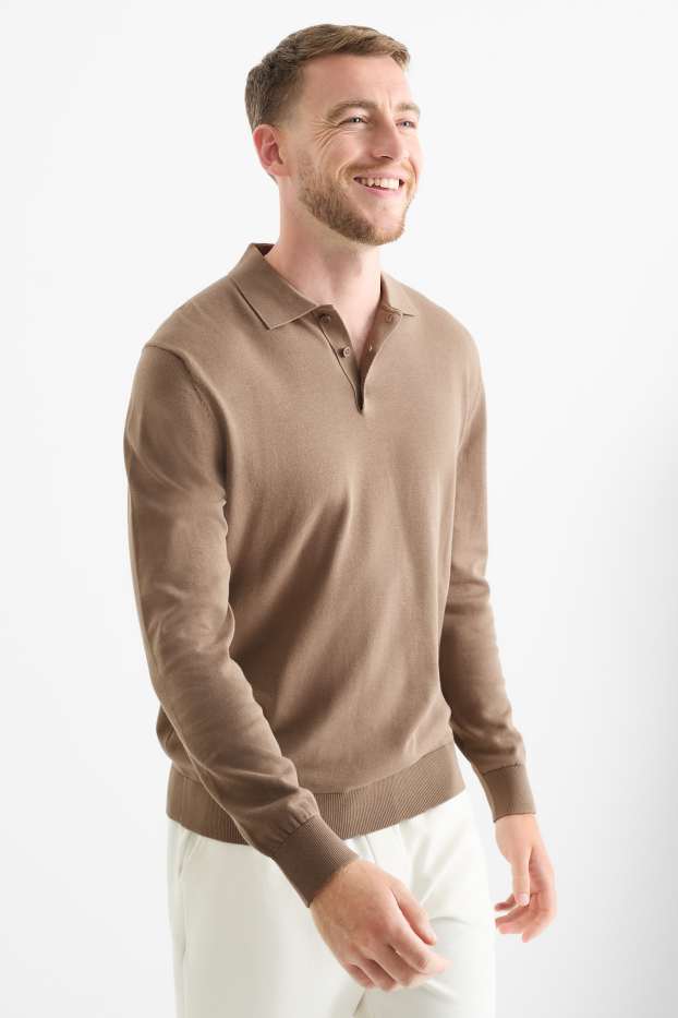 Herren - Langarm-Poloshirt - gestrickt - taupe