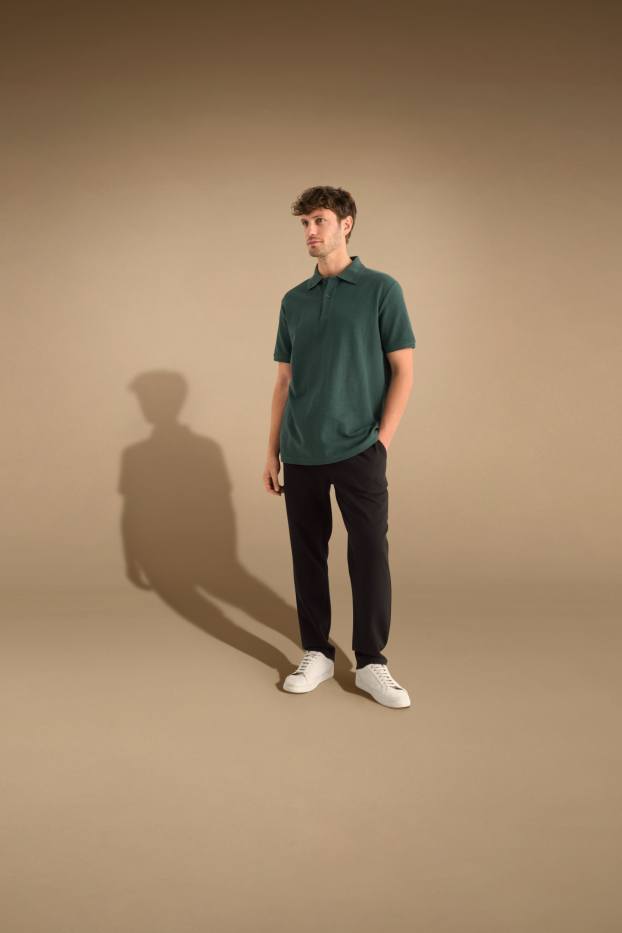 Men - Knitted polo shirt - regular fit - textured - dark green