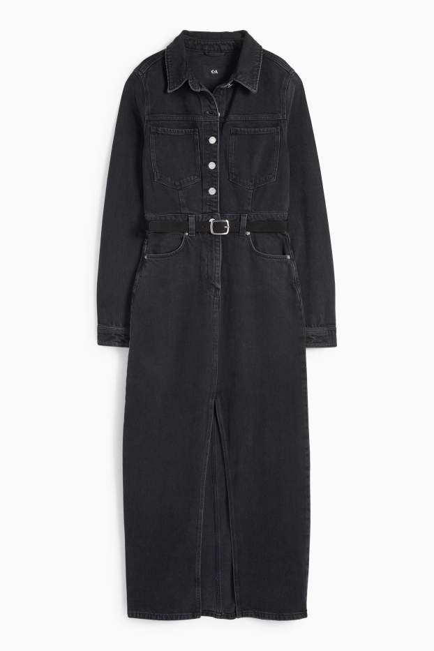 Dames - Denim blousejurk met ceintuur - jeansdonkergrijs