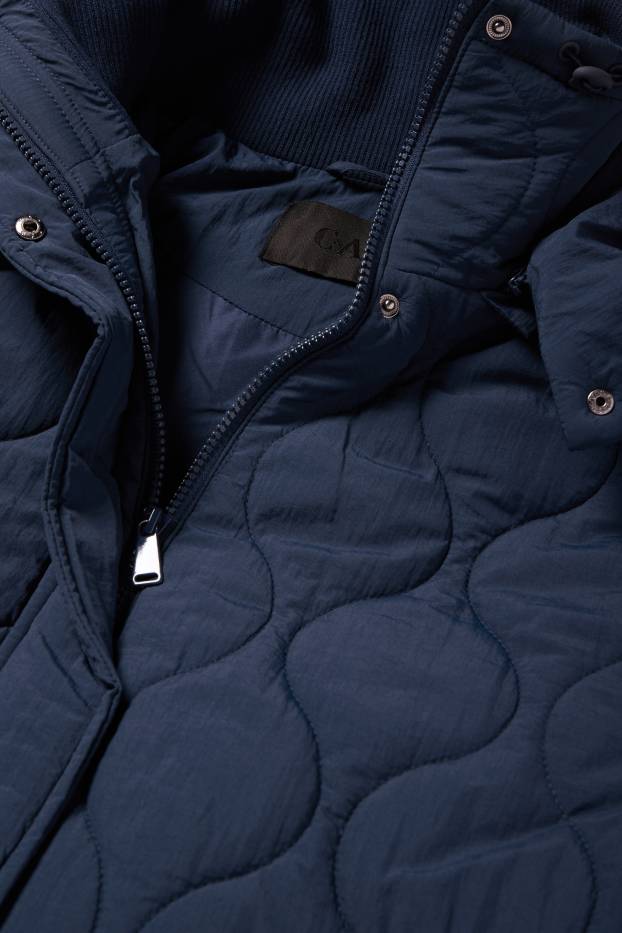 Dames - Gewatteerde mantel met capuchon - donkerblauw
