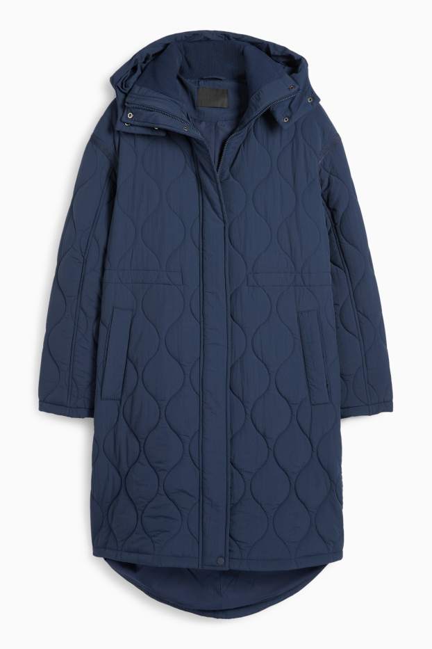Dames - Gewatteerde mantel met capuchon - donkerblauw