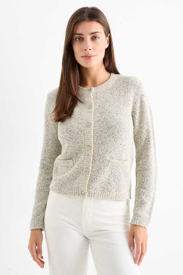 Damen - Bouclé-Strickjacke - weiß / schwarz
