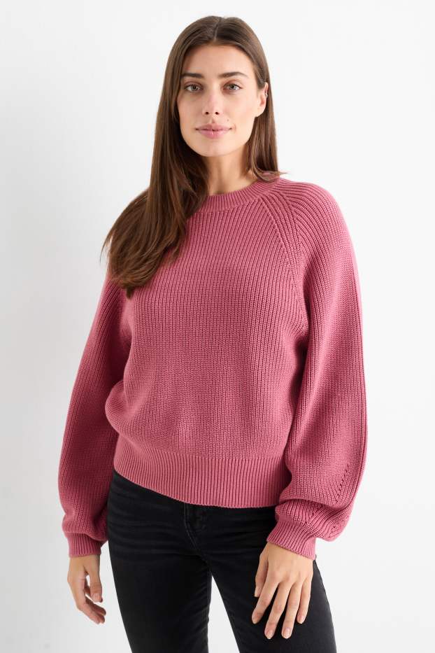 Damen - Pullover - gerippt - dunkelrosa