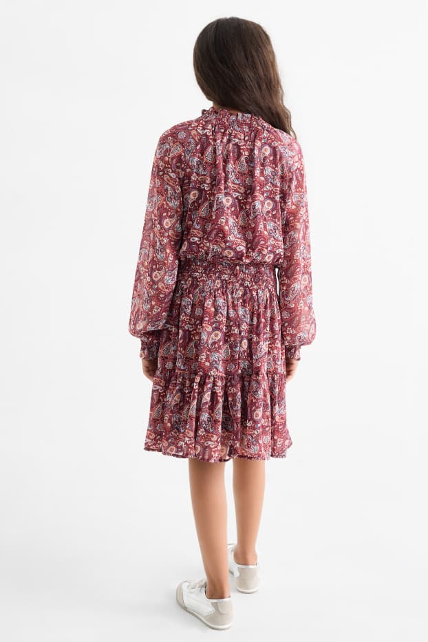 Kinder Mädchen - Kleid - gemustert - gesmokt - bordeaux