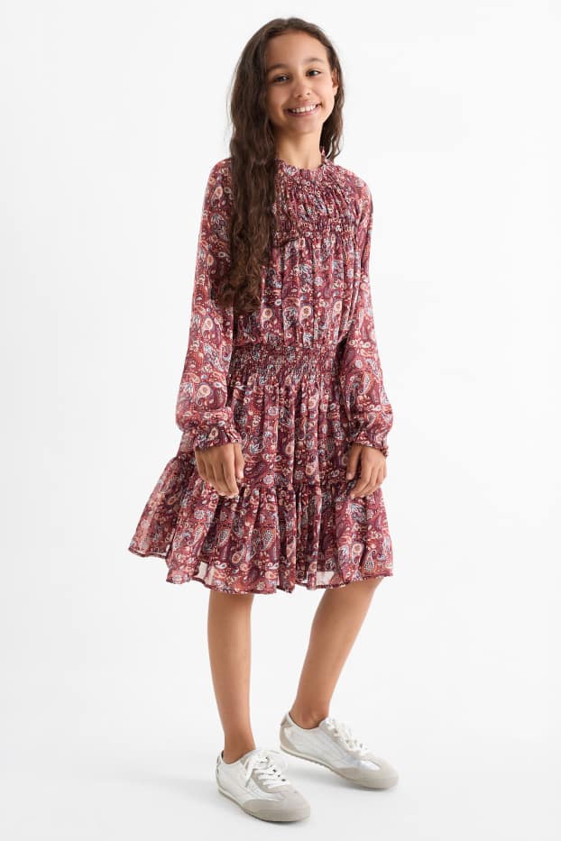 Kinder Mädchen - Kleid - gemustert - gesmokt - bordeaux