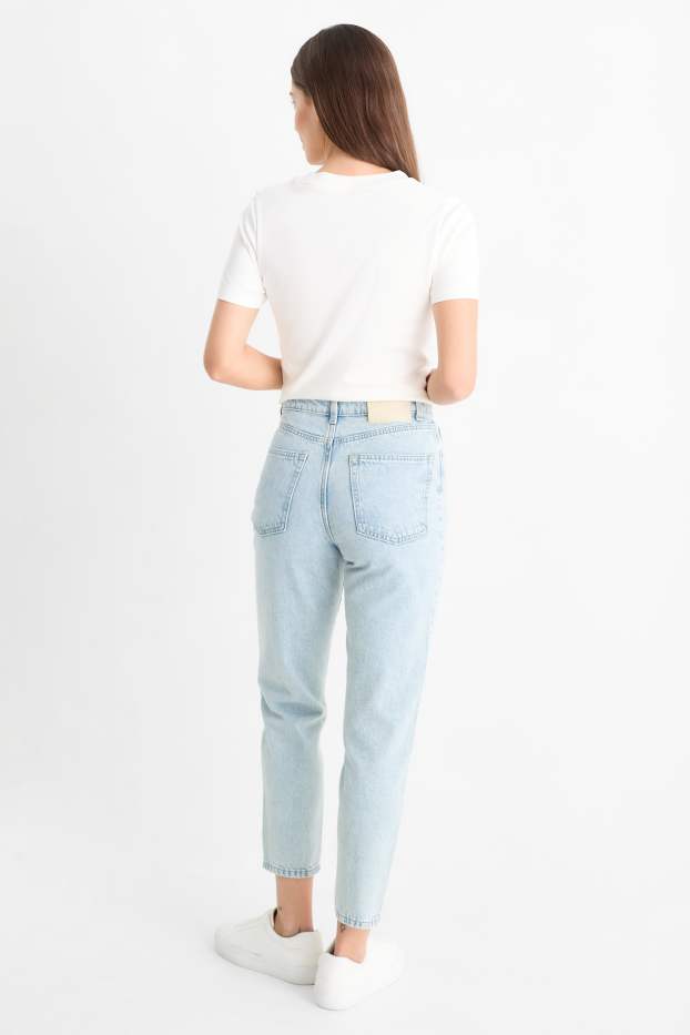 Femei - Mom jeans cu ștrasuri - talie înaltă - denim-albastru deschis