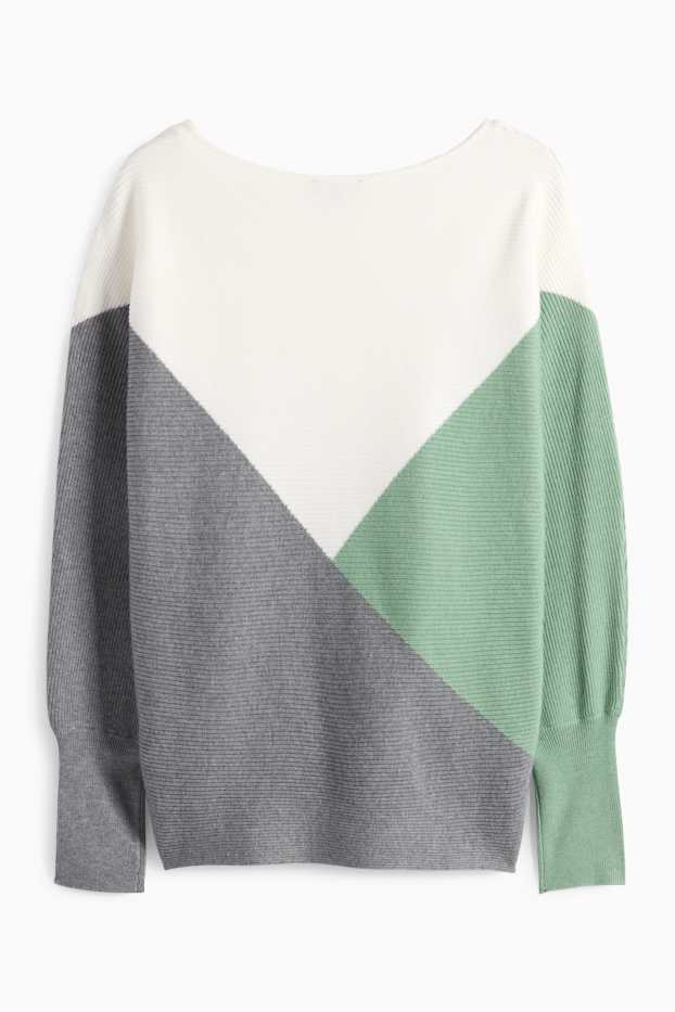 Damen - Pullover - gerippt - grün / cremeweiss