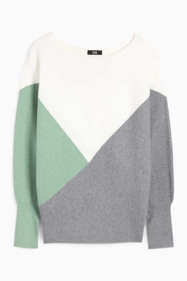 Damen - Pullover - gerippt - grün / cremeweiss