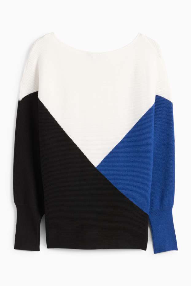 Damen - Pullover - gerippt - blau  / cremefarben