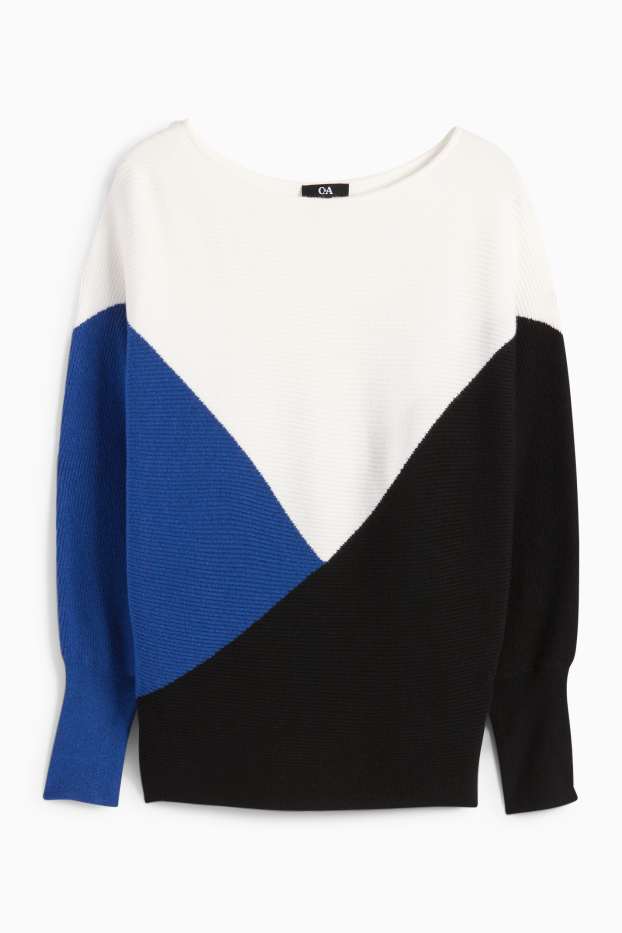 Damen - Pullover - gerippt - blau  / cremefarben