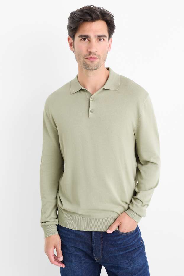 Herren - Langarm-Poloshirt - gestrickt - hellgrün