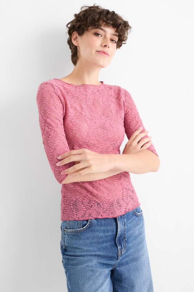 Femmes - Haut à manches longues - texturé - rose foncé