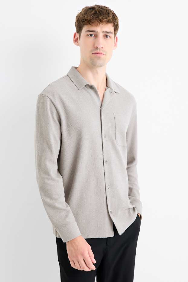 Uomo - Camicia in maglia - loose fit - collo a revers - a coste - grigio