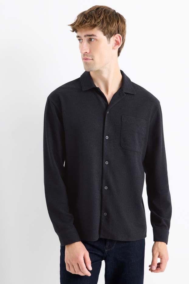 Hommes - Chemise en maille - loose fit - col à revers - finition côtelée - noir