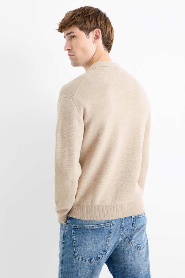 Herren - Langarm-Poloshirt - gestrickt - hellbeige