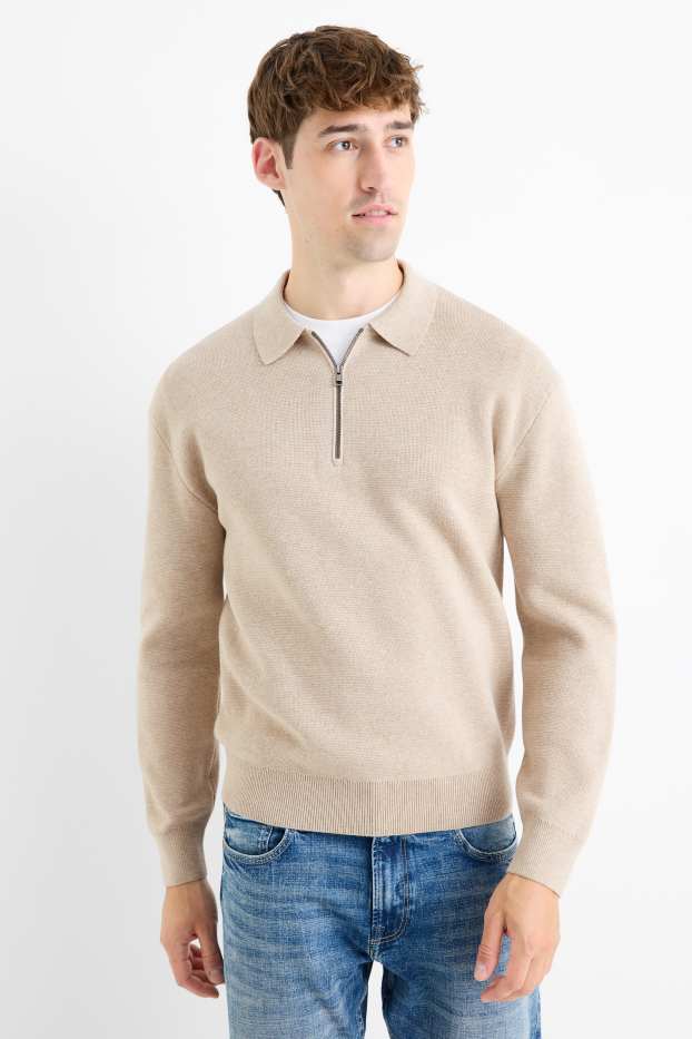 Herren - Langarm-Poloshirt - gestrickt - hellbeige