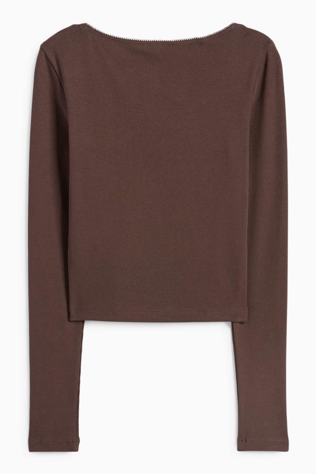 Damen - Crop Langarmshirt - gerippt - dunkelbraun