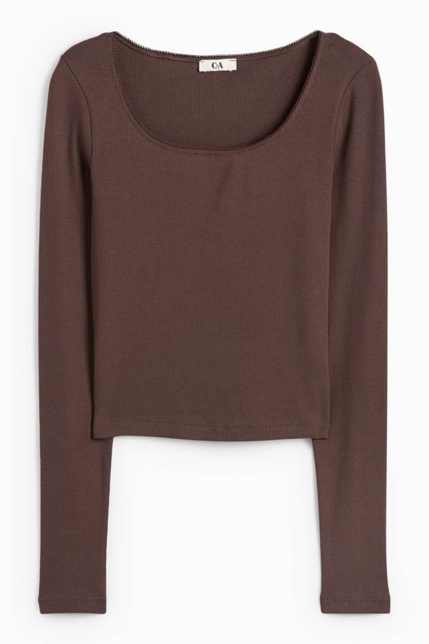 Damen - Crop Langarmshirt - gerippt - dunkelbraun