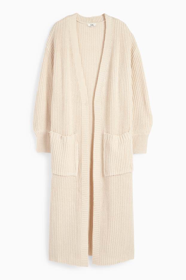 Women - Long cardigan - ribbed - light beige