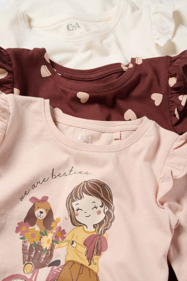 Enfants filles - Lot de 3 - petit fille et cœurs - haut à manches longues - rose